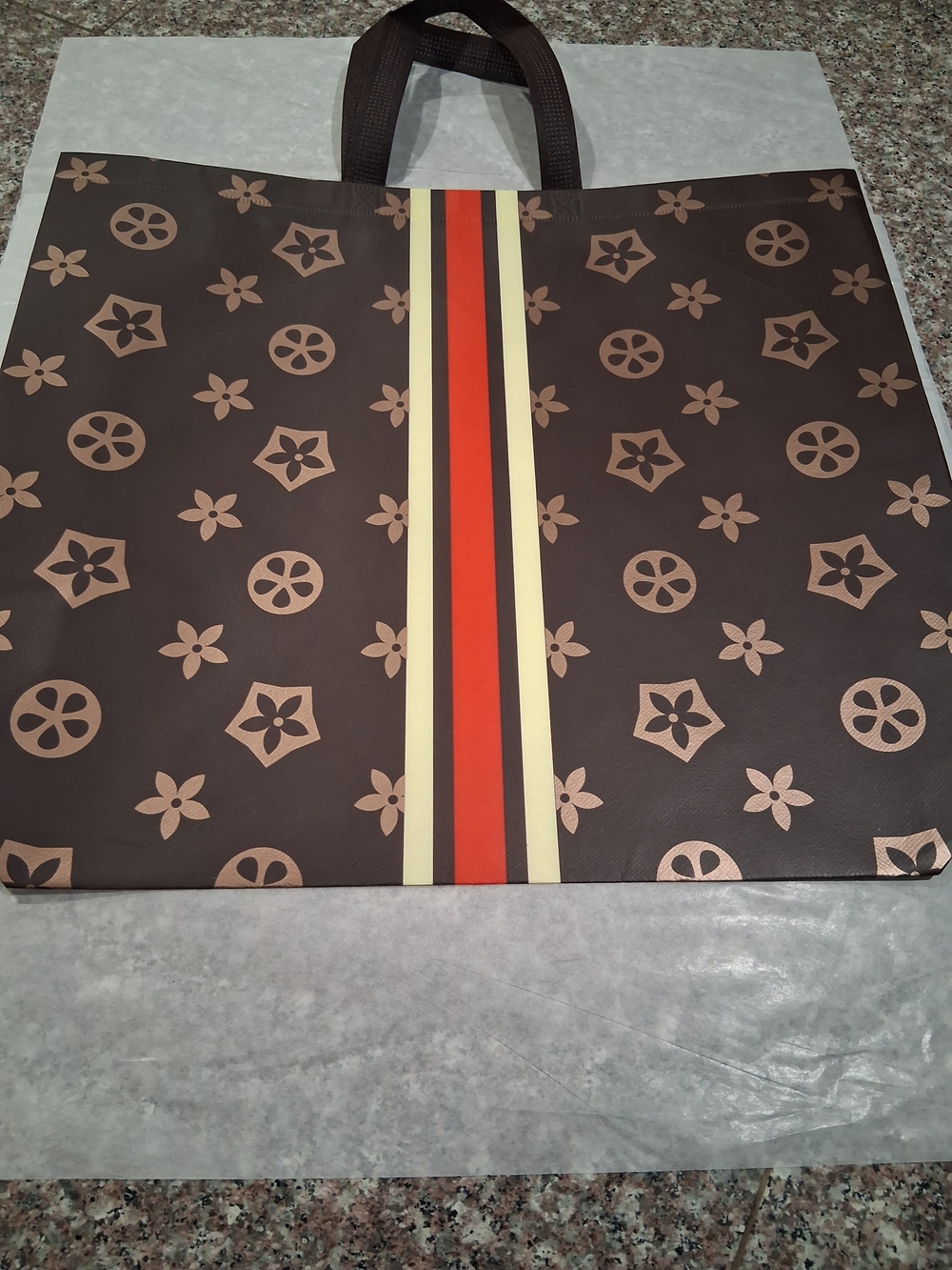 Designer inspire reusable Tote Bag with Red and Cream Stripe.